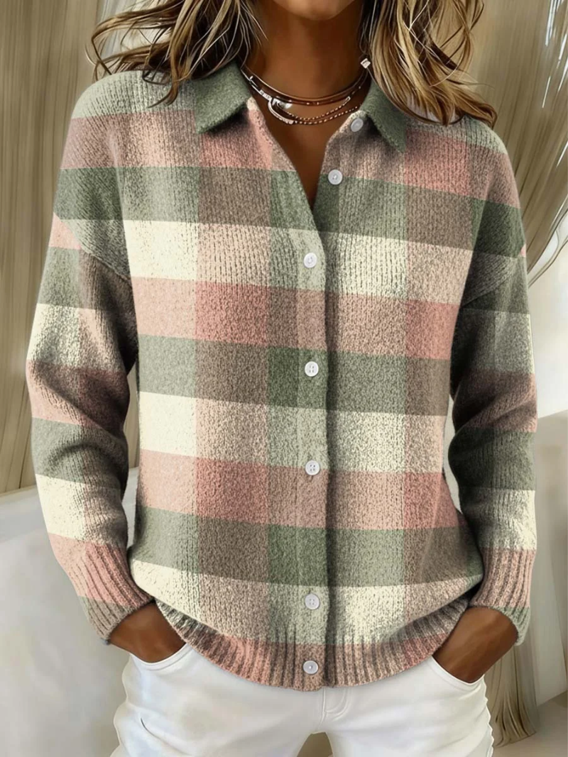 Women's Checked Knitted Blouse Button Closure for Officewear