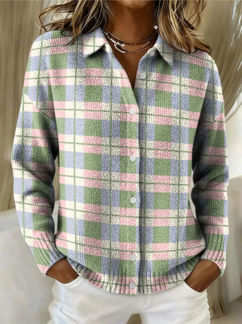 Women's Checked Knitted Blouse with Pastel Hues for Everyday