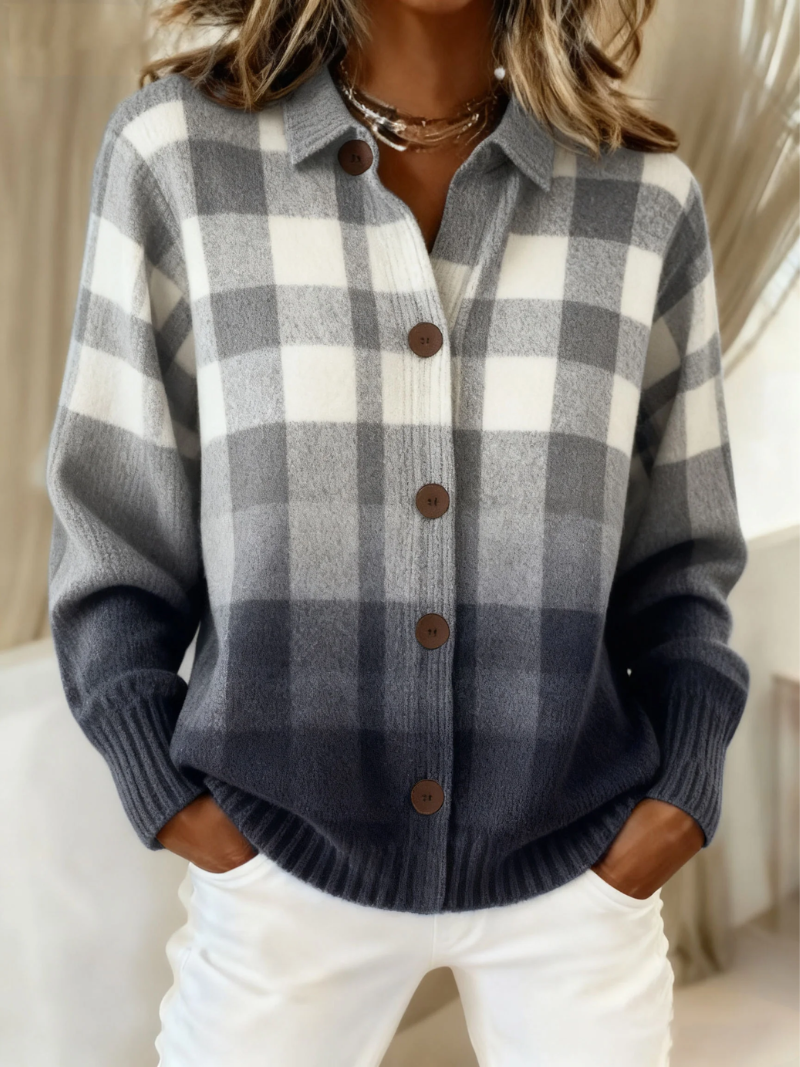 Women's Checked Knitted Blouse with Wooden Buttons for Work