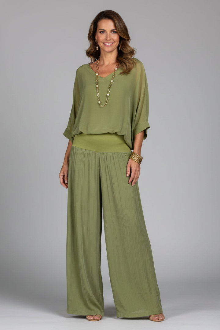 Women's Chiffon Two-Piece Wide-Leg Set with Flowing Top