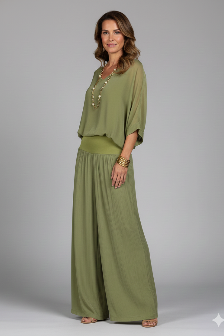 Women's Chiffon Two-Piece Wide-Leg Set with Flowing Top