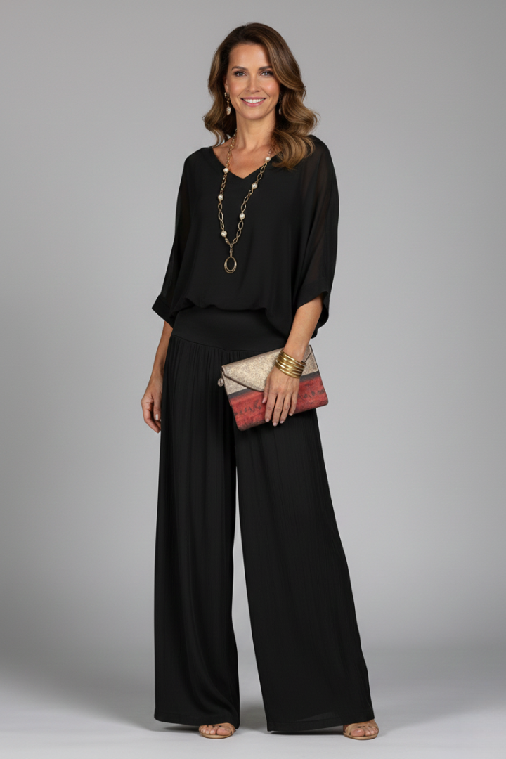 Women's Chiffon Two-Piece Wide-Leg Set with Flowing Top