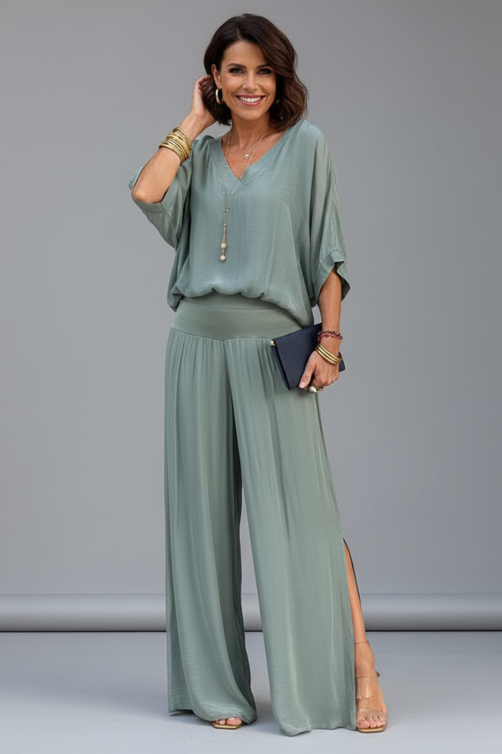 Women's Chiffon Two-Piece Wide-Leg Set with Flowing Top