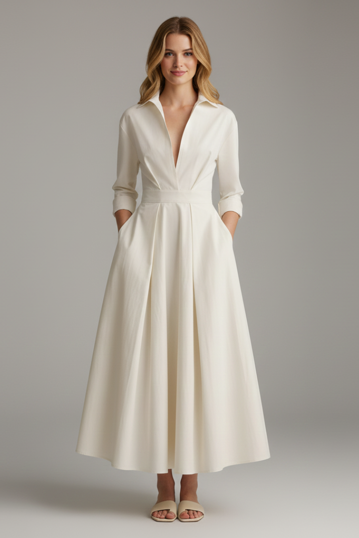 Women's Collared Midi Dress with Belt for Office Wear