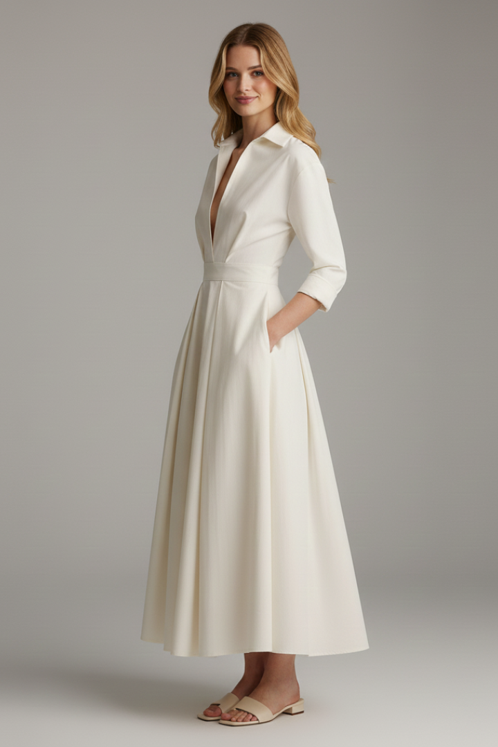Women's Collared Midi Dress with Belt for Office Wear