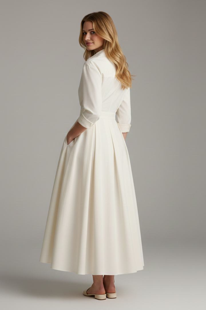Women's Collared Midi Dress with Belt for Office Wear