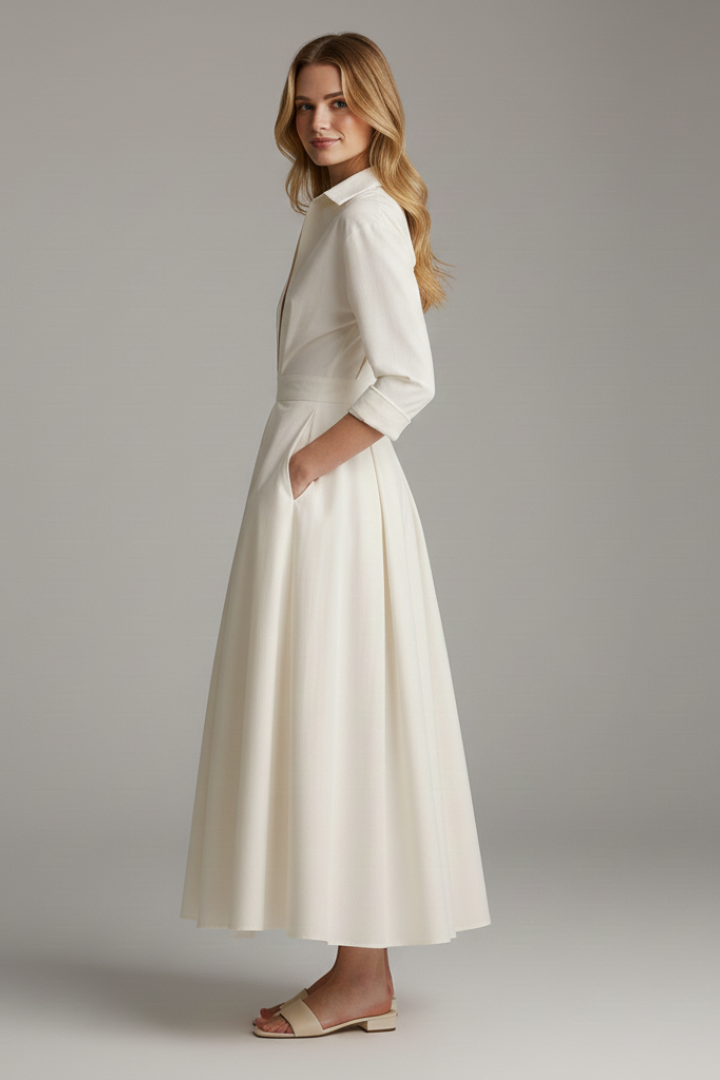 Women's Collared Midi Dress with Belt for Office Wear