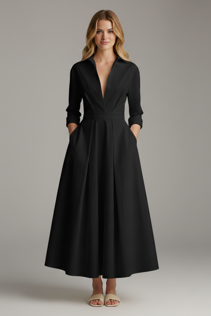 Women's Collared Midi Dress with Belt for Office Wear