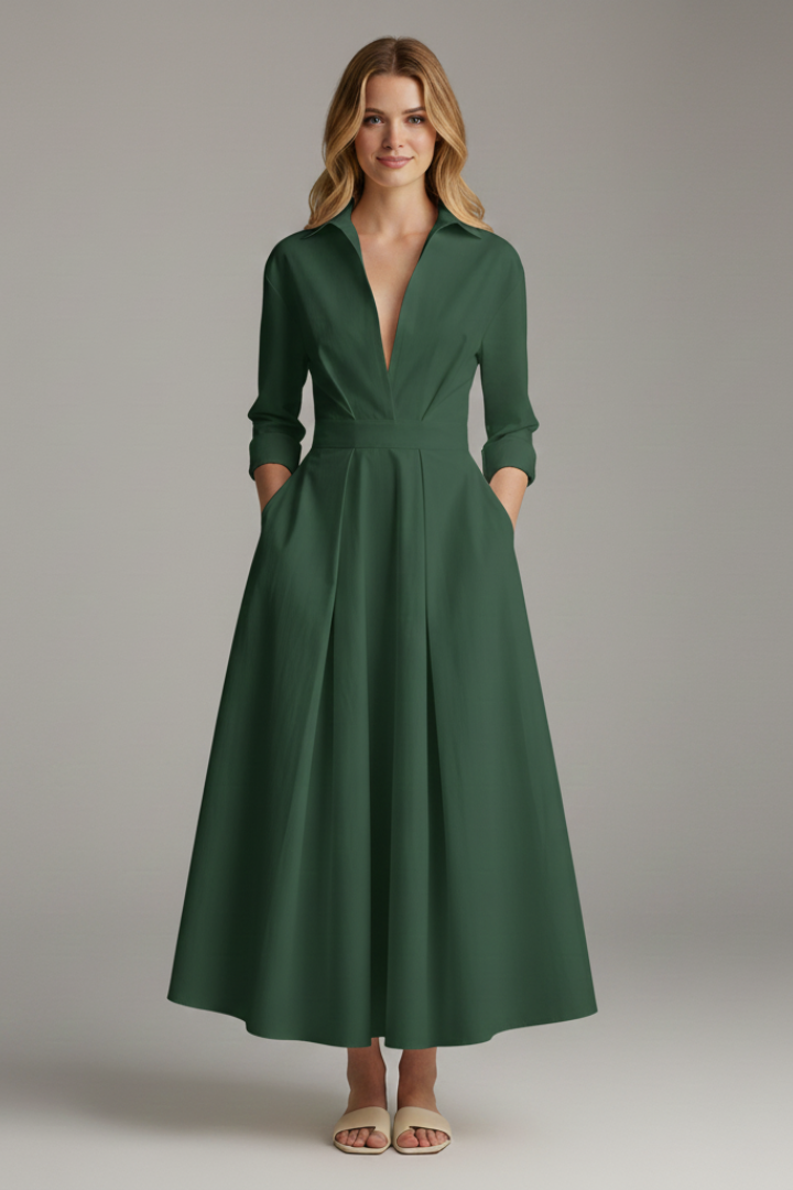 Women's Collared Midi Dress with Belt for Office Wear