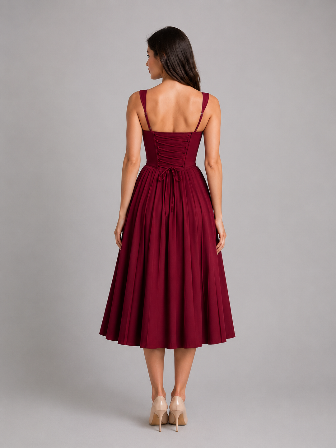 Women’s Corset Pleated Midi Dress with Tie-Front