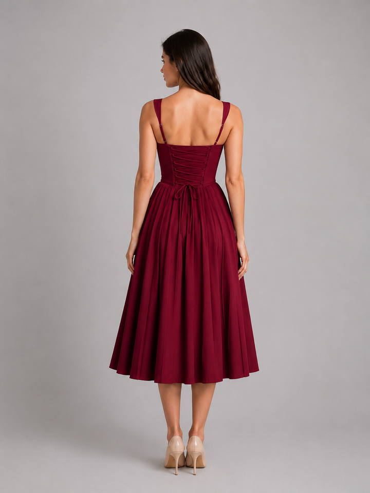 Women’s Corset Pleated Midi Dress with Tie-Front