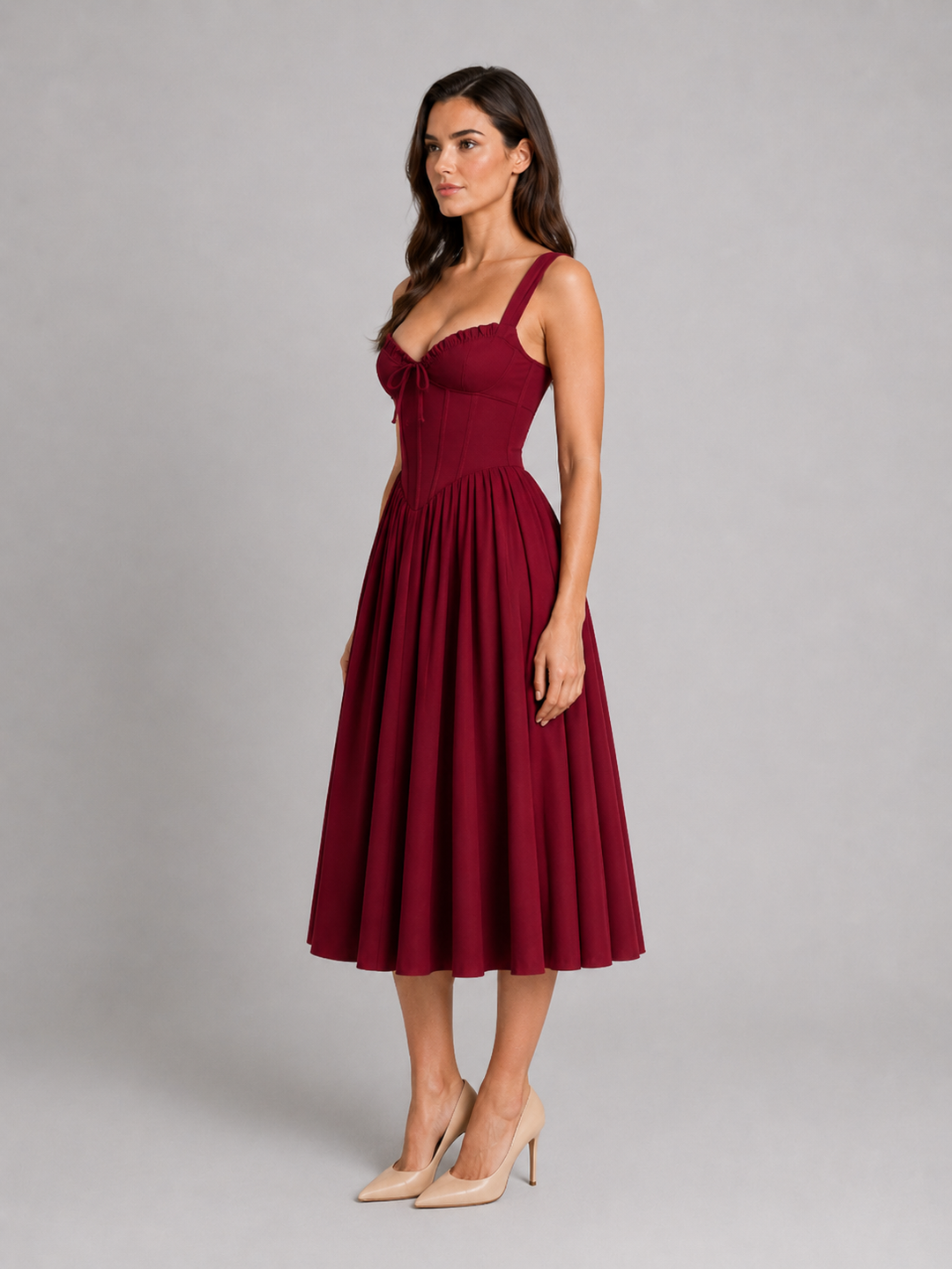 Women’s Corset Pleated Midi Dress with Tie-Front