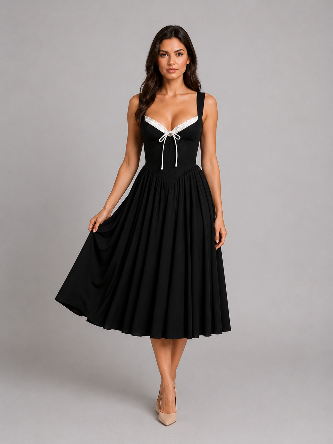 Women’s Corset Pleated Midi Dress with Tie-Front