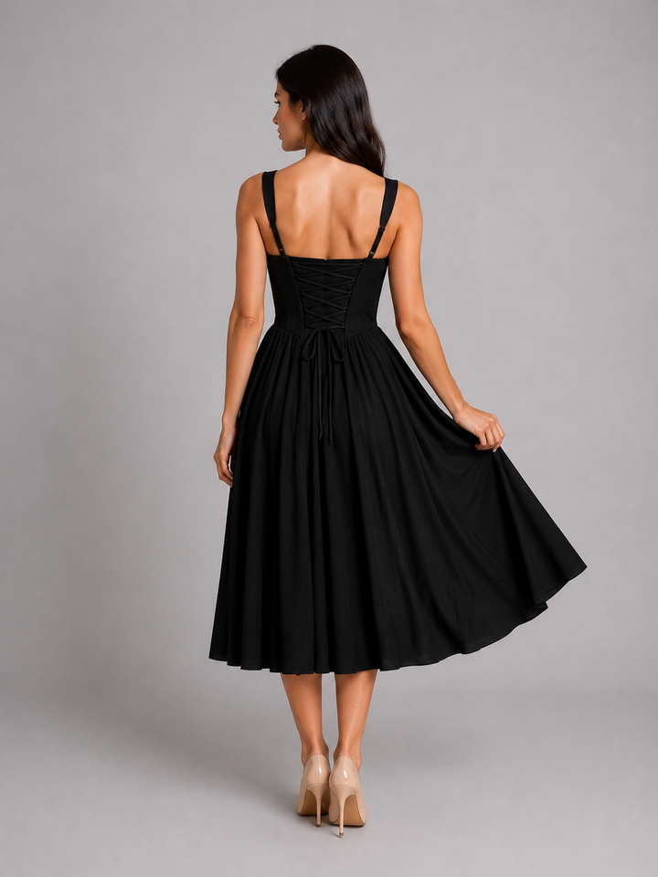 Women’s Corset Pleated Midi Dress with Tie-Front