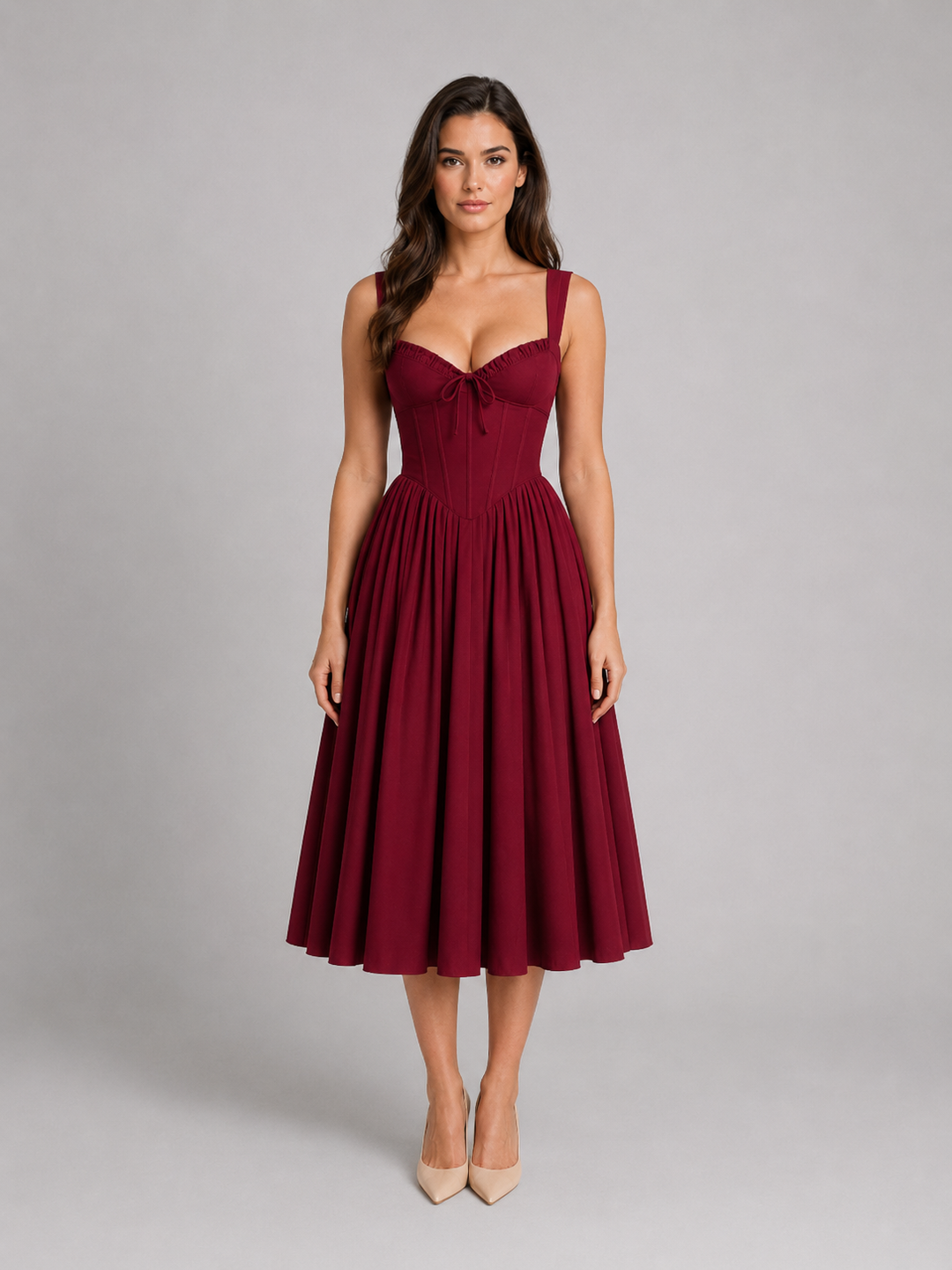 Women’s Corset Pleated Midi Dress with Tie-Front