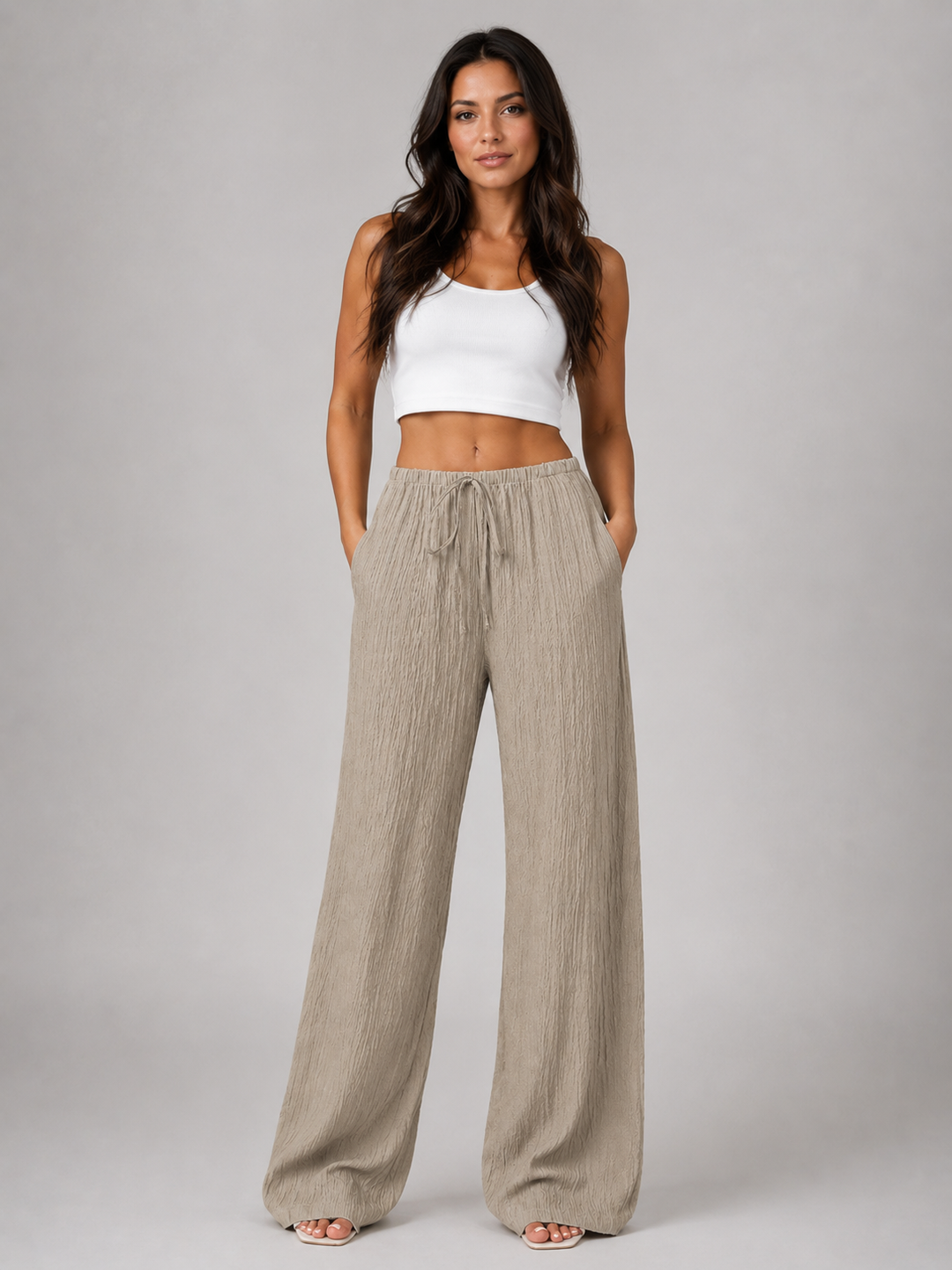 Women’s Crinkle Wide Leg Trousers with Drawstring