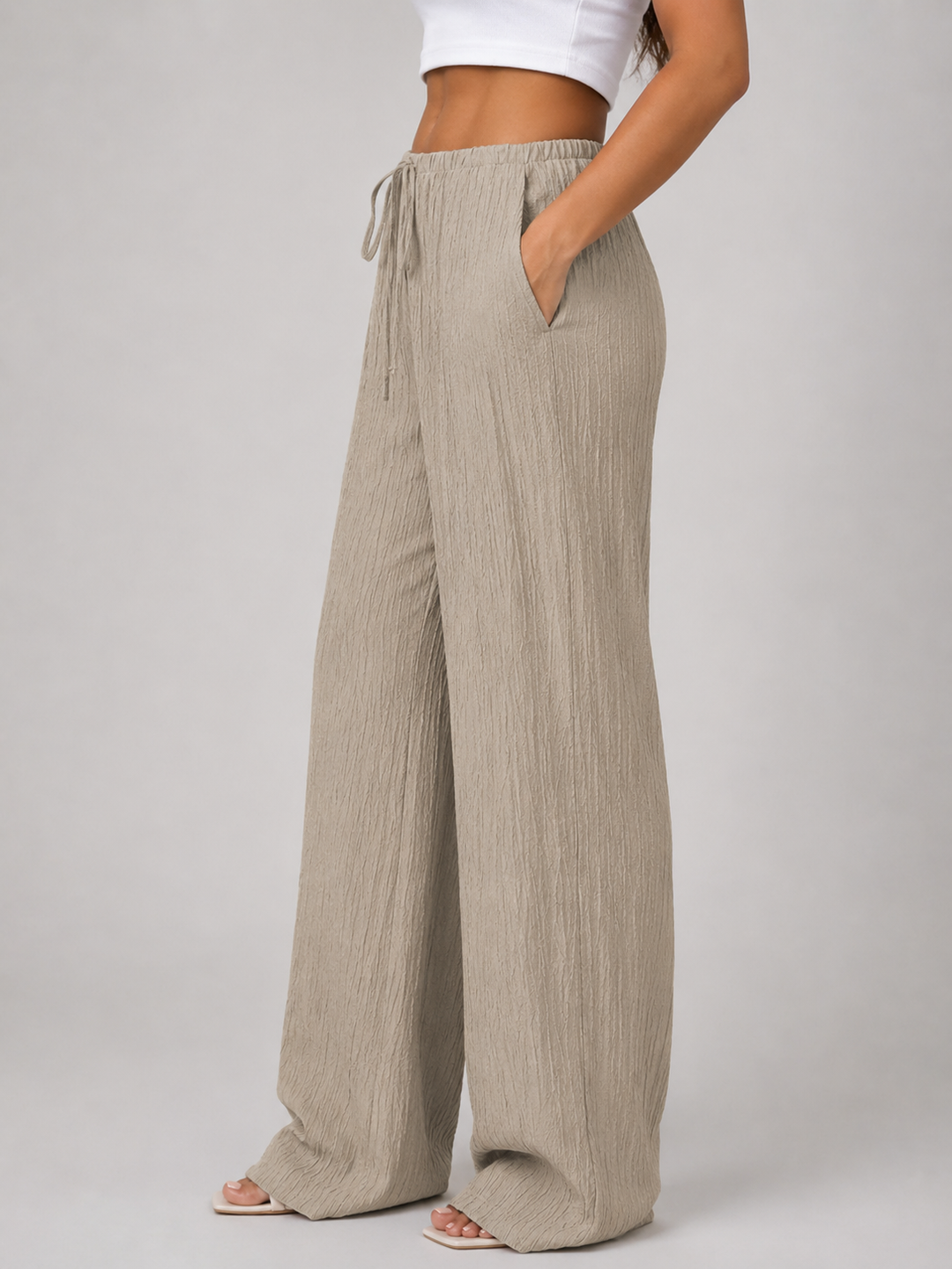 Women’s Crinkle Wide Leg Trousers with Drawstring