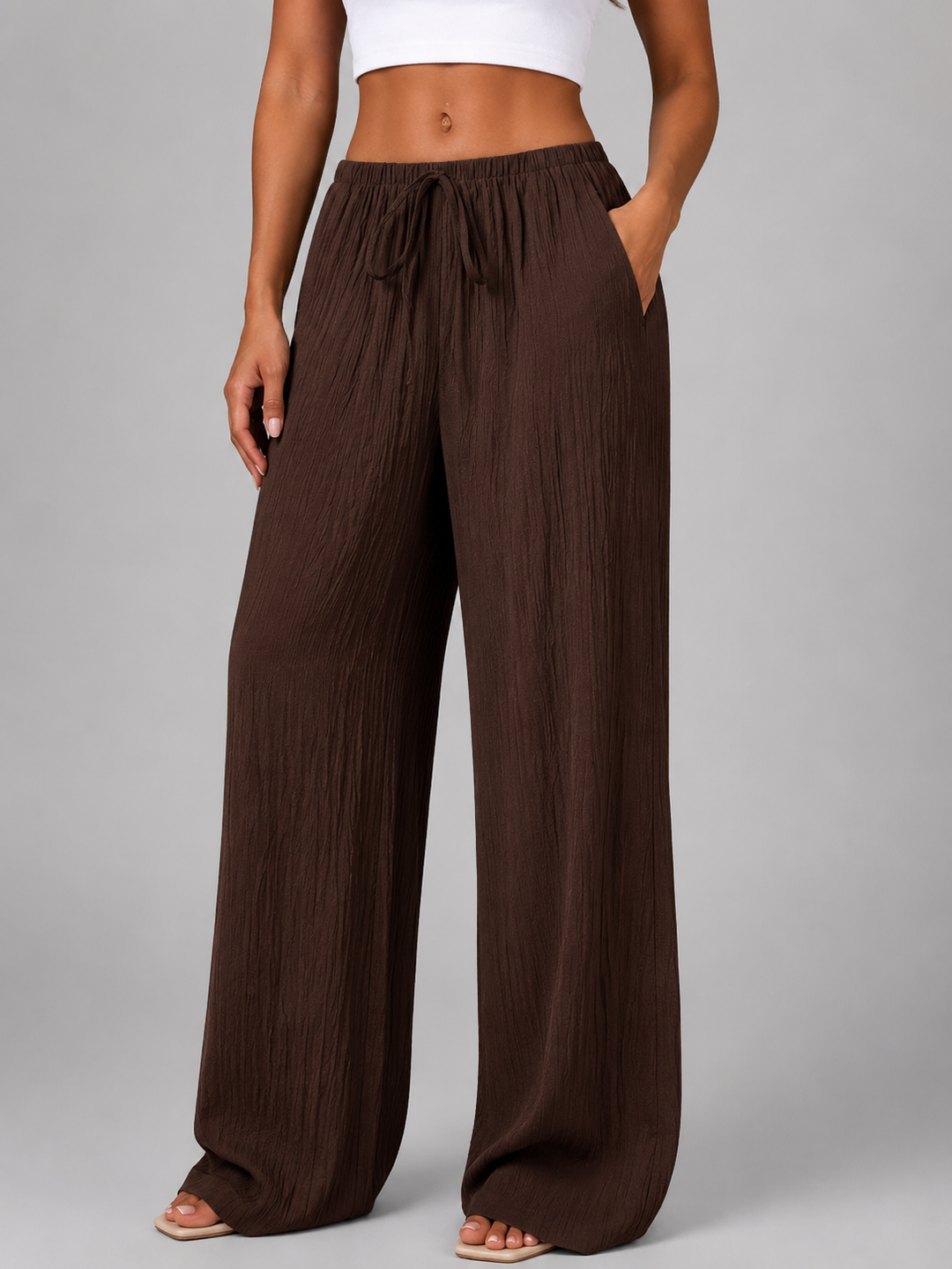 Women’s Crinkle Wide Leg Trousers with Drawstring