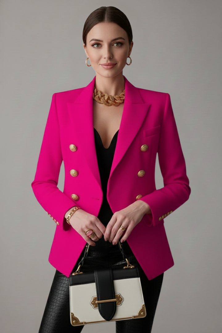 Women's Double-Breasted Blazer with Gold Buttons for Office Wear