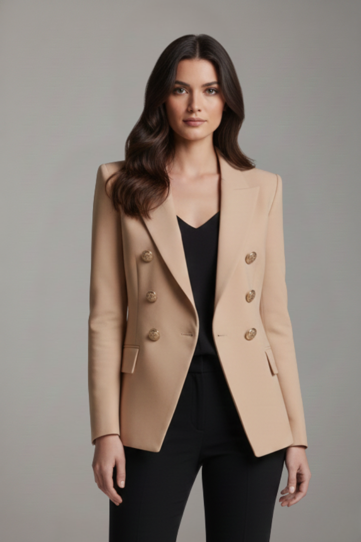 Women's Double-Breasted Blazer with Gold Buttons for Office Wear