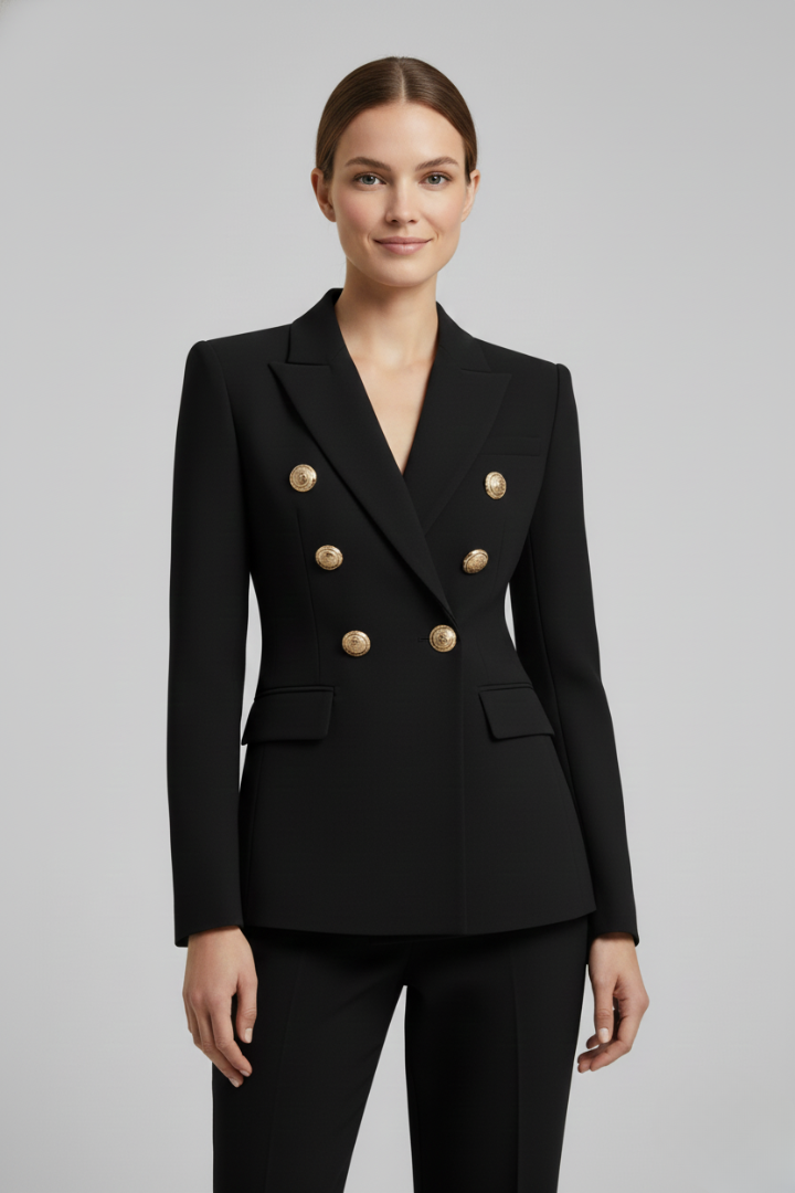 Women's Double-Breasted Blazer with Gold Buttons for Office Wear