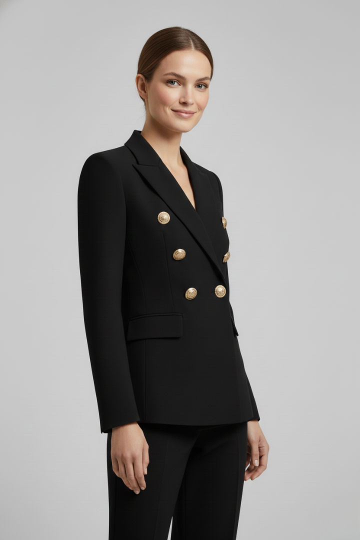 Women's Double-Breasted Blazer with Gold Buttons for Office Wear