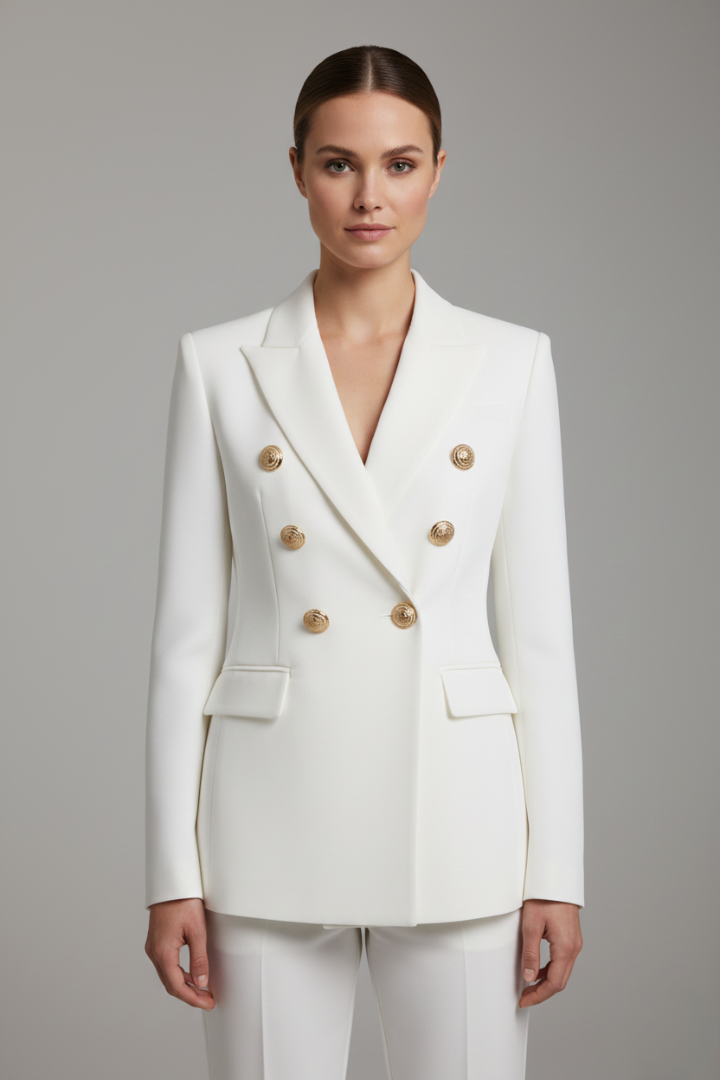Women's Double-Breasted Blazer with Gold Buttons for Office Wear