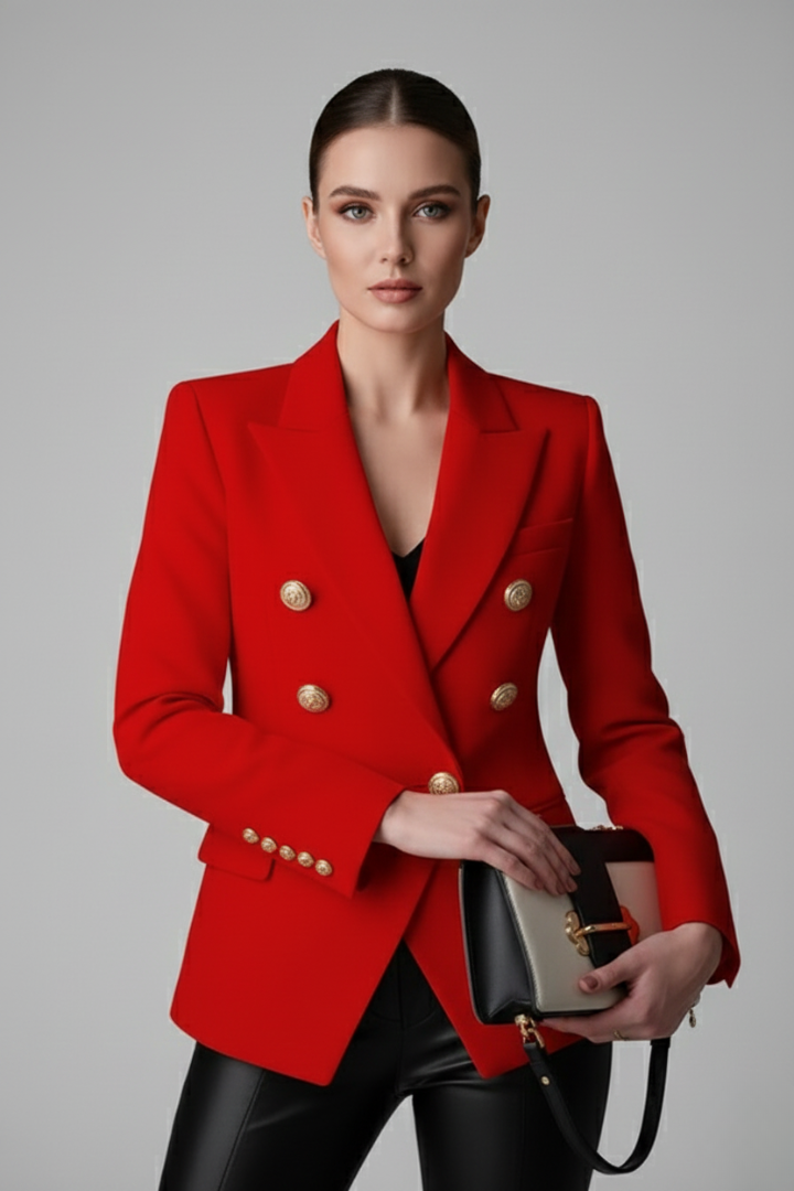 Women's Double-Breasted Blazer with Gold Buttons for Office Wear