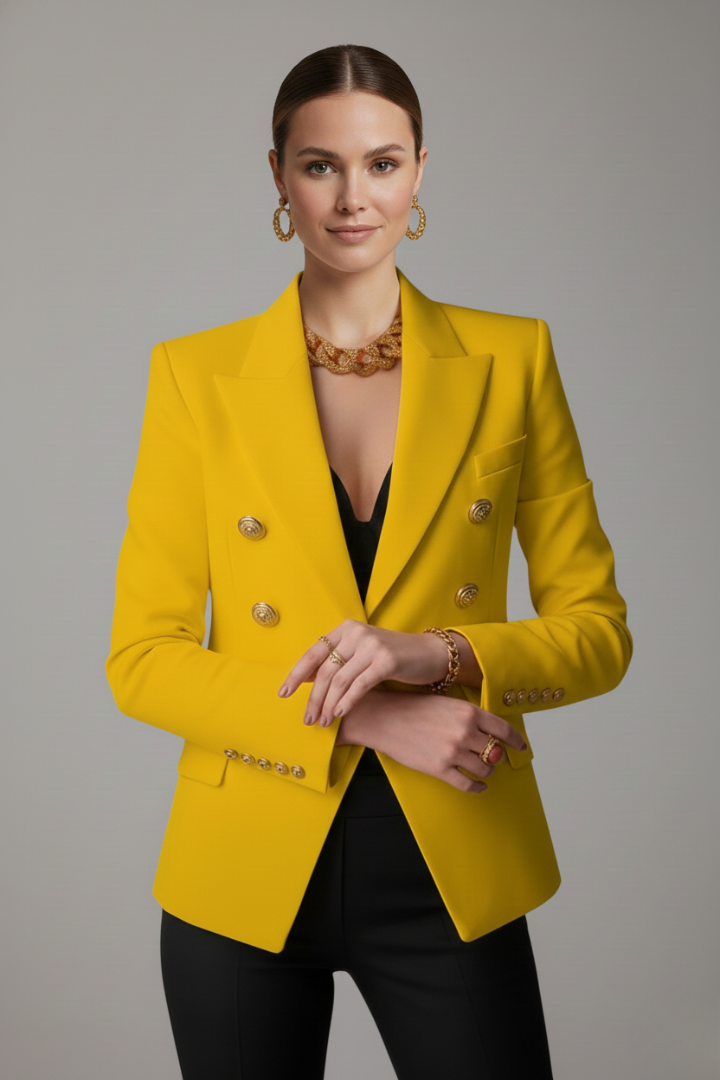 Women's Double-Breasted Blazer with Gold Buttons for Office Wear