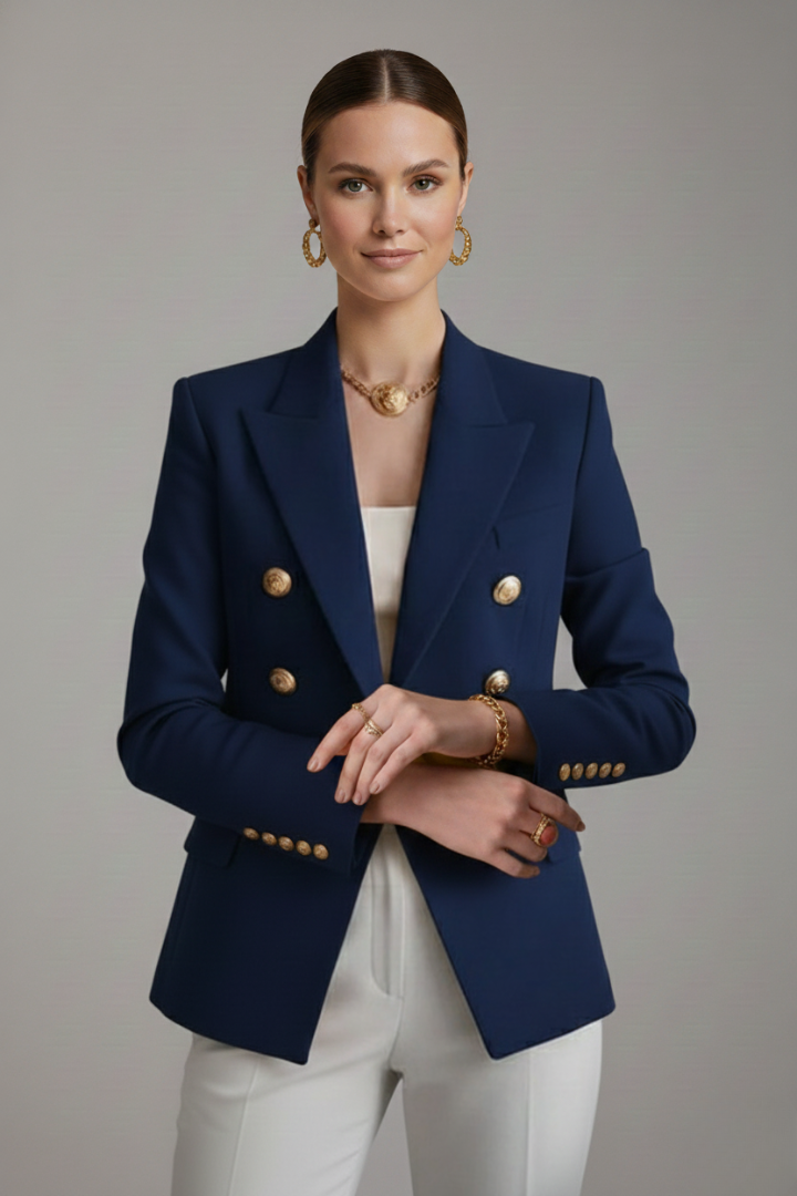 Women's Double-Breasted Blazer with Gold Buttons for Office Wear