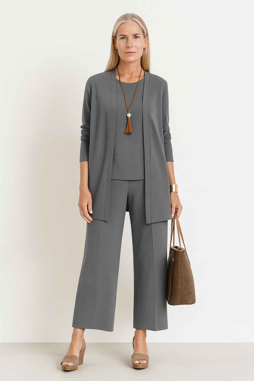 Women's Elegant 3-Piece Set with Long Cardigan for Office
