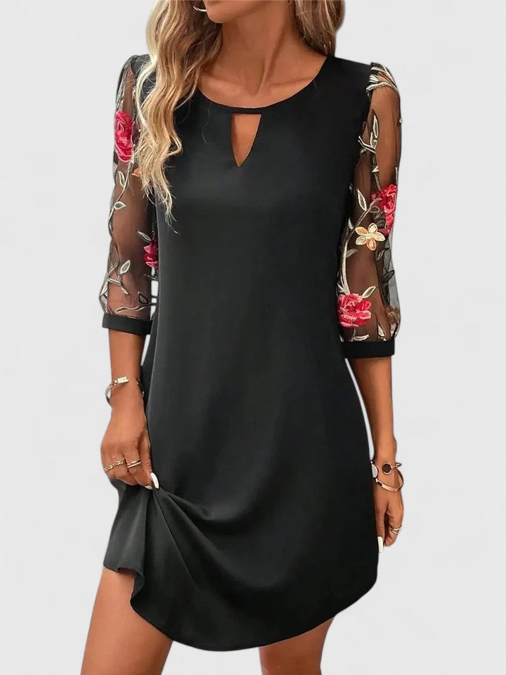 Women's Elegant Knee-Length Dress with Embroidered Sleeves