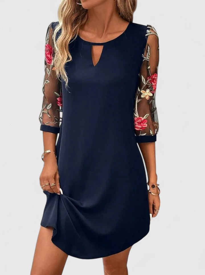 Women's Elegant Knee-Length Dress with Embroidered Sleeves