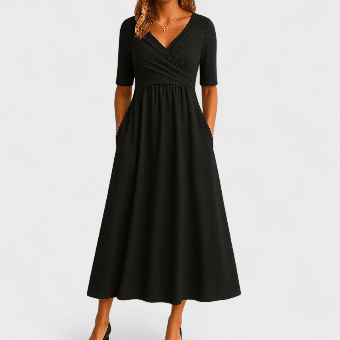 Women's Elegant Midi Dress with Wrap Bodice for Events