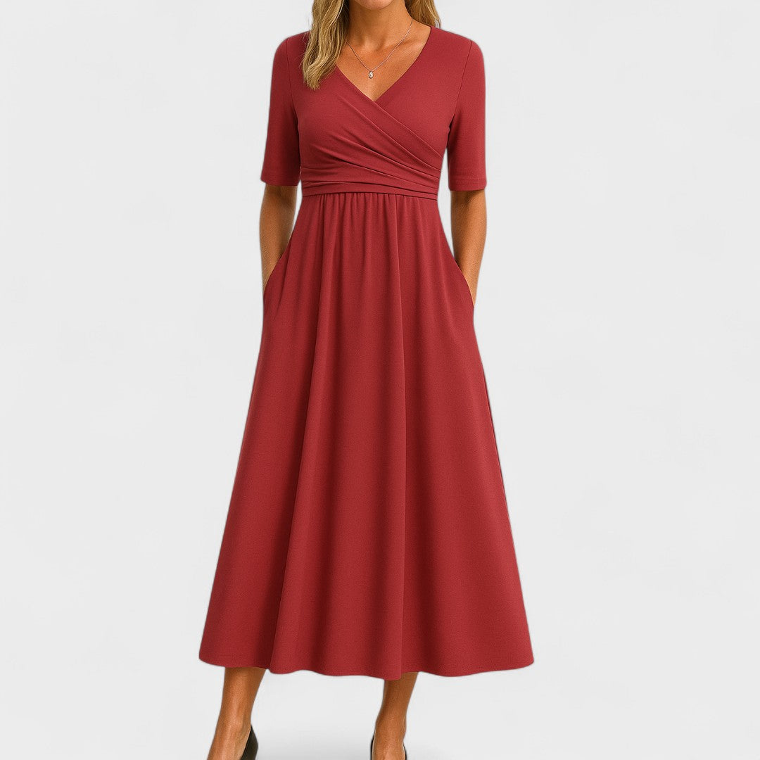 Women's Elegant Midi Dress with Wrap Bodice for Events