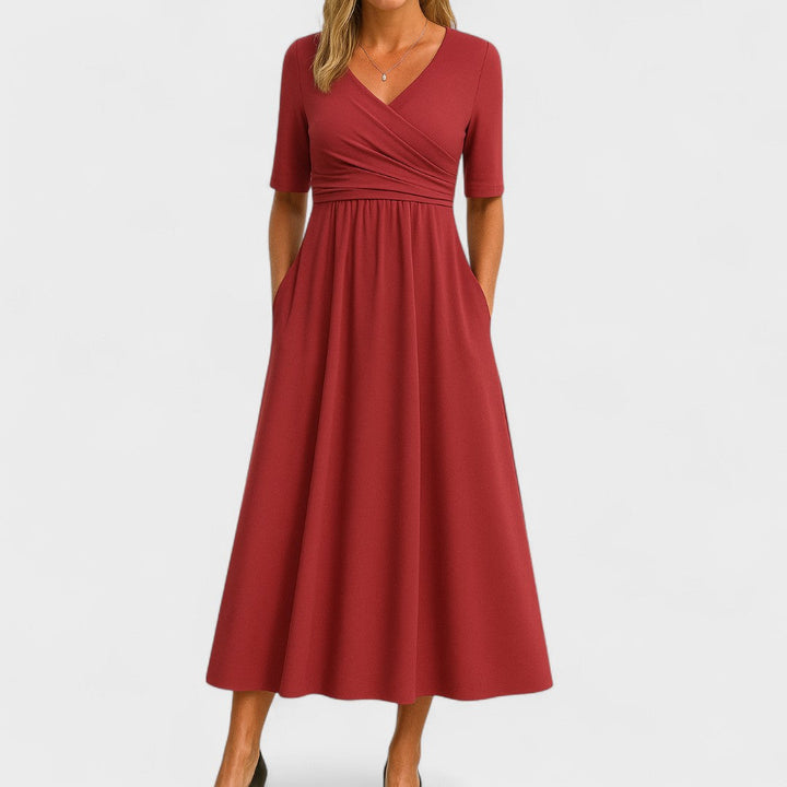 Women's Elegant Midi Dress with Wrap Bodice for Events