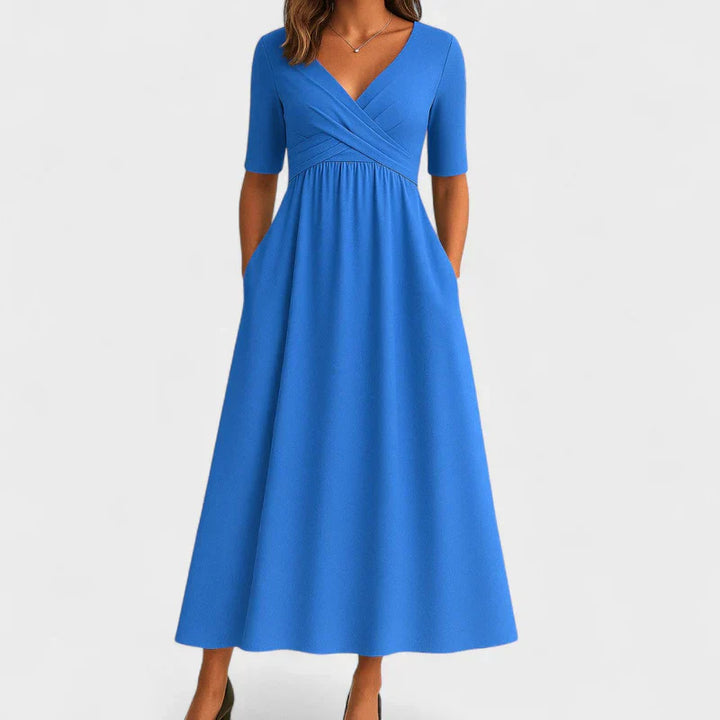 Women's Elegant Midi Dress with Wrap Bodice for Events