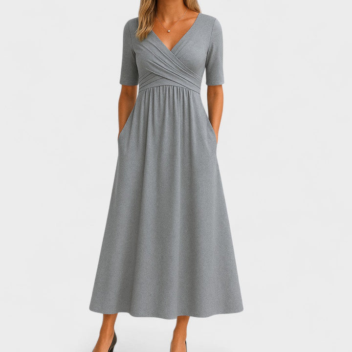 Women's Elegant Midi Dress with Wrap Bodice for Events