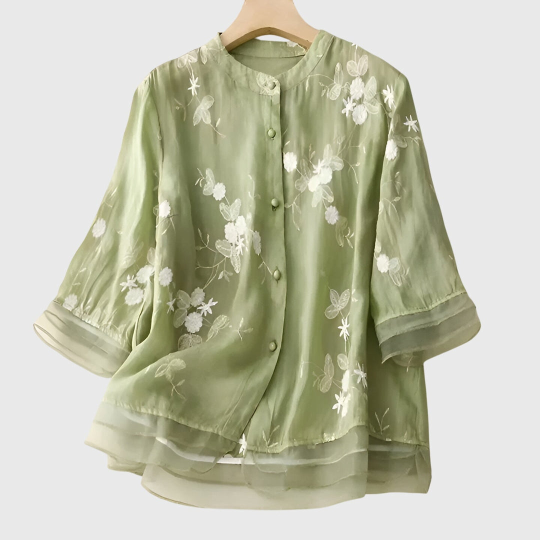 Women's Elegant Top with Embroidered Flowers for Casual Outings