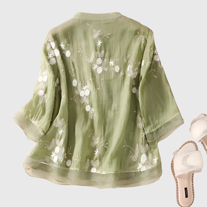 Women's Elegant Top with Embroidered Flowers for Casual Outings