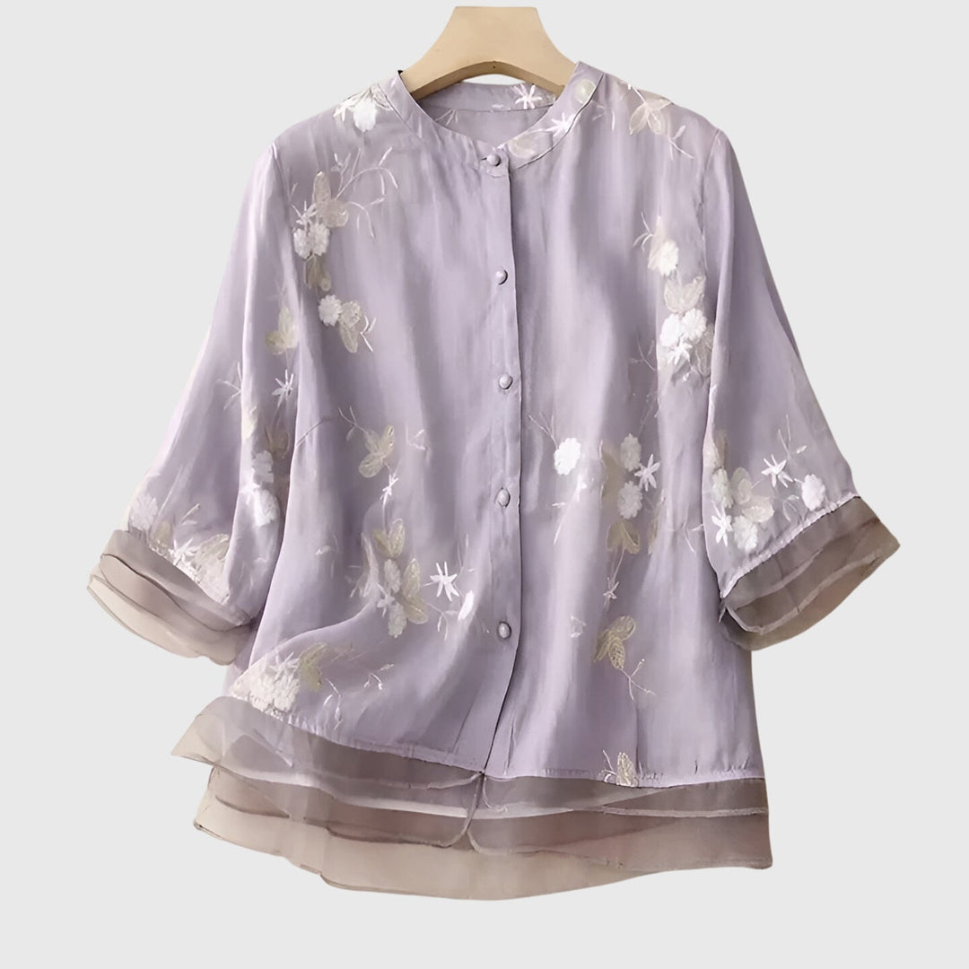 Women's Elegant Top with Embroidered Flowers for Casual Outings