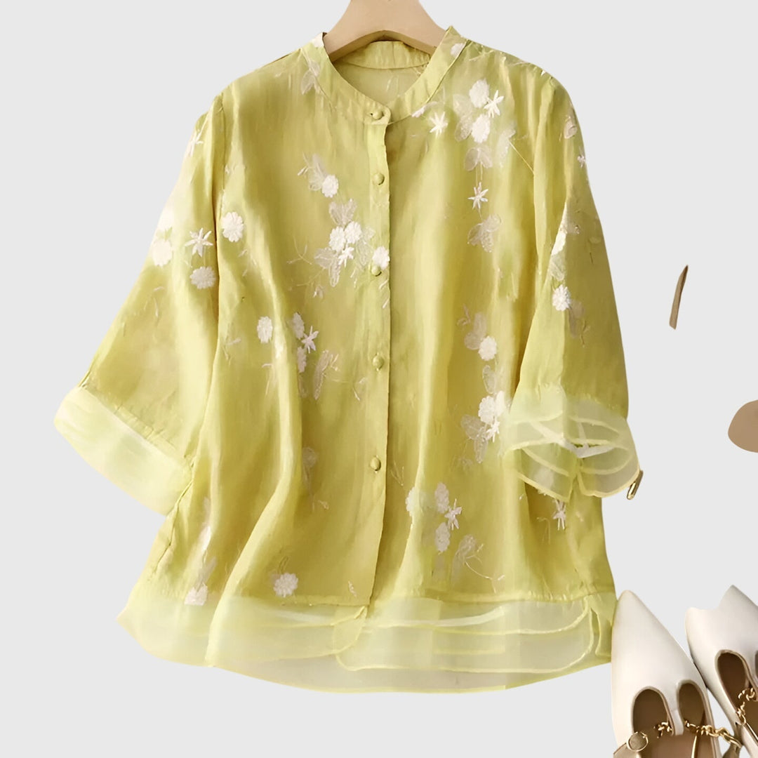 Women's Elegant Top with Embroidered Flowers for Casual Outings