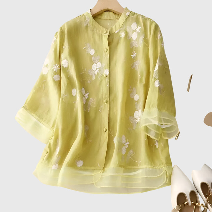 Women's Elegant Top with Embroidered Flowers for Casual Outings