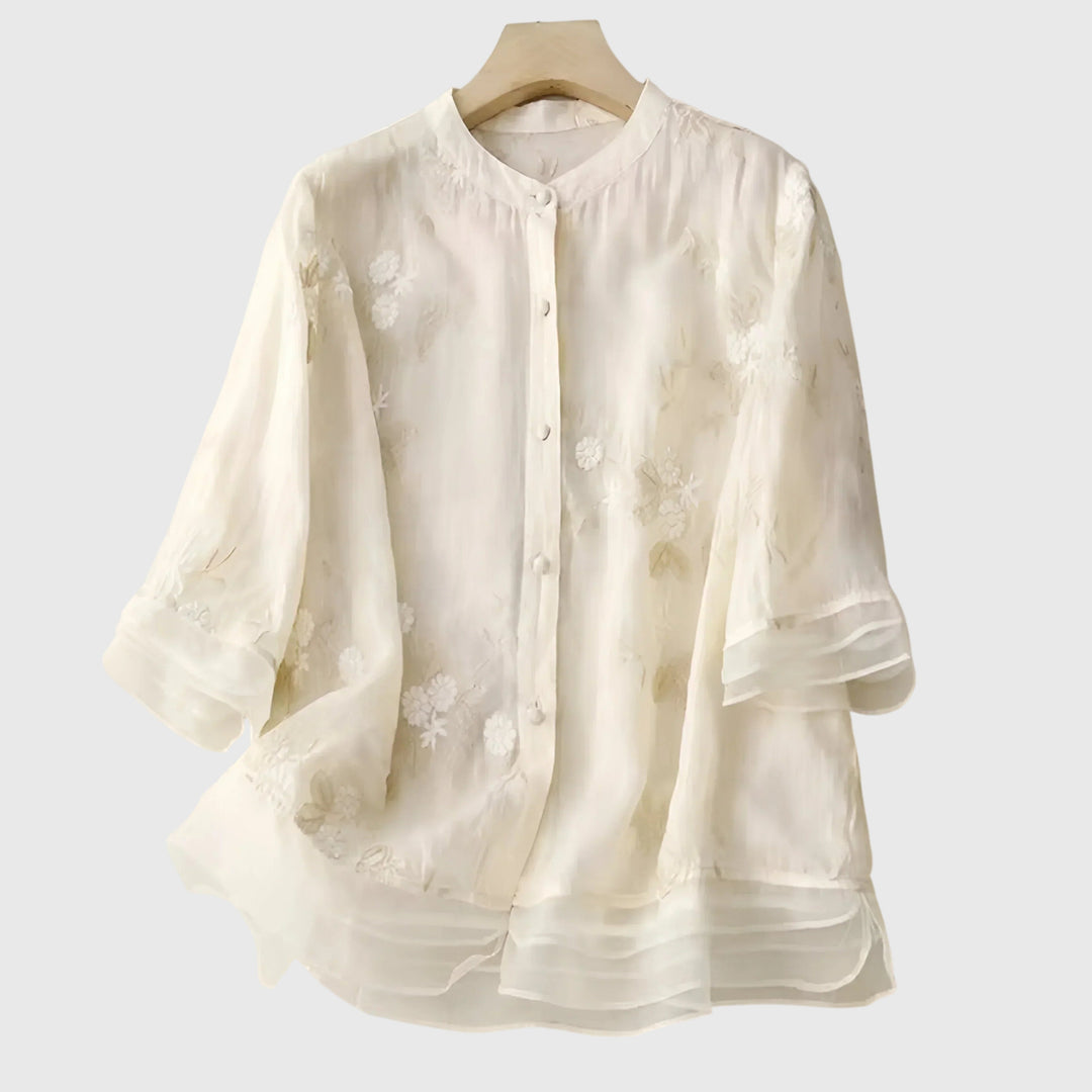 Women's Elegant Top with Embroidered Flowers for Casual Outings