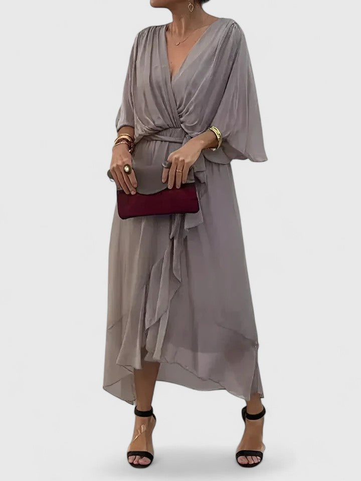 Women's Elegant V Neck Dress with Wrap Tie for Weddings