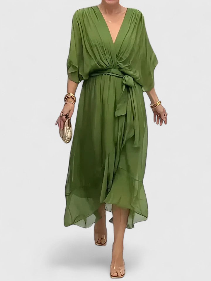 Women's Elegant V Neck Dress with Wrap Tie for Weddings
