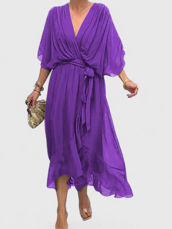 Women's Elegant V Neck Dress with Wrap Tie for Weddings