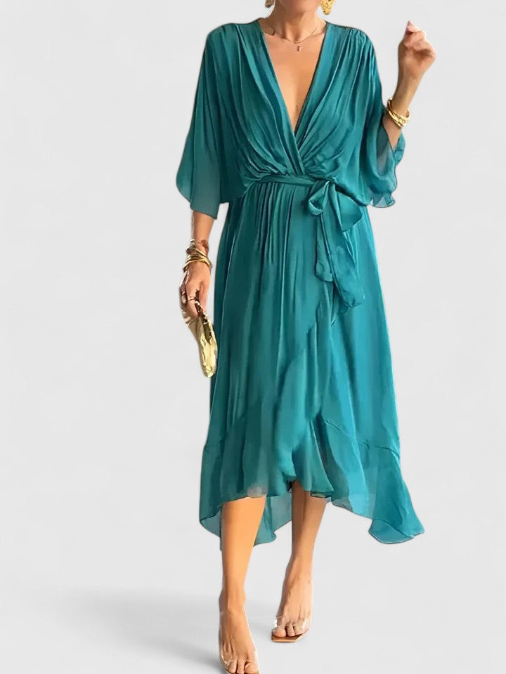 Women's Elegant V Neck Dress with Wrap Tie for Weddings