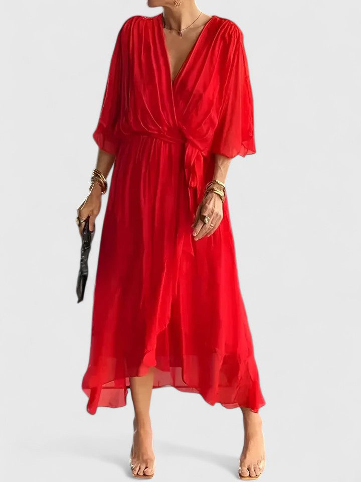 Women's Elegant V Neck Dress with Wrap Tie for Weddings