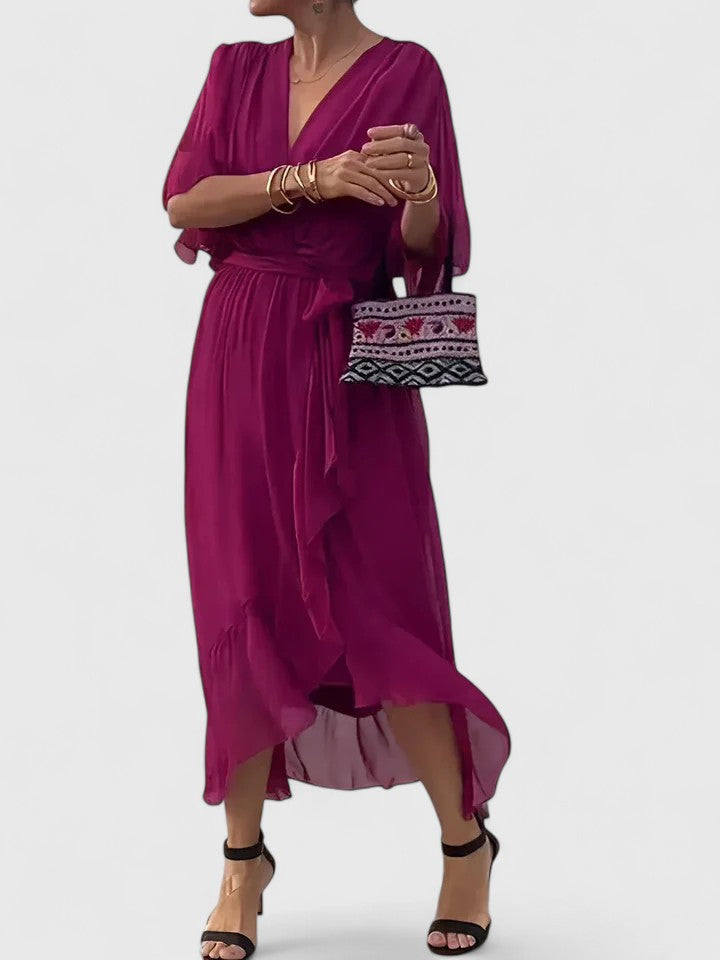 Women's Elegant V Neck Dress with Wrap Tie for Weddings